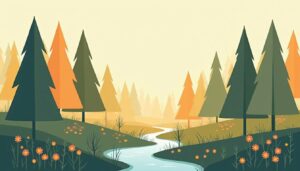 Minimalistische vectorillustratie van een boslichting met een stroom en bloemen.