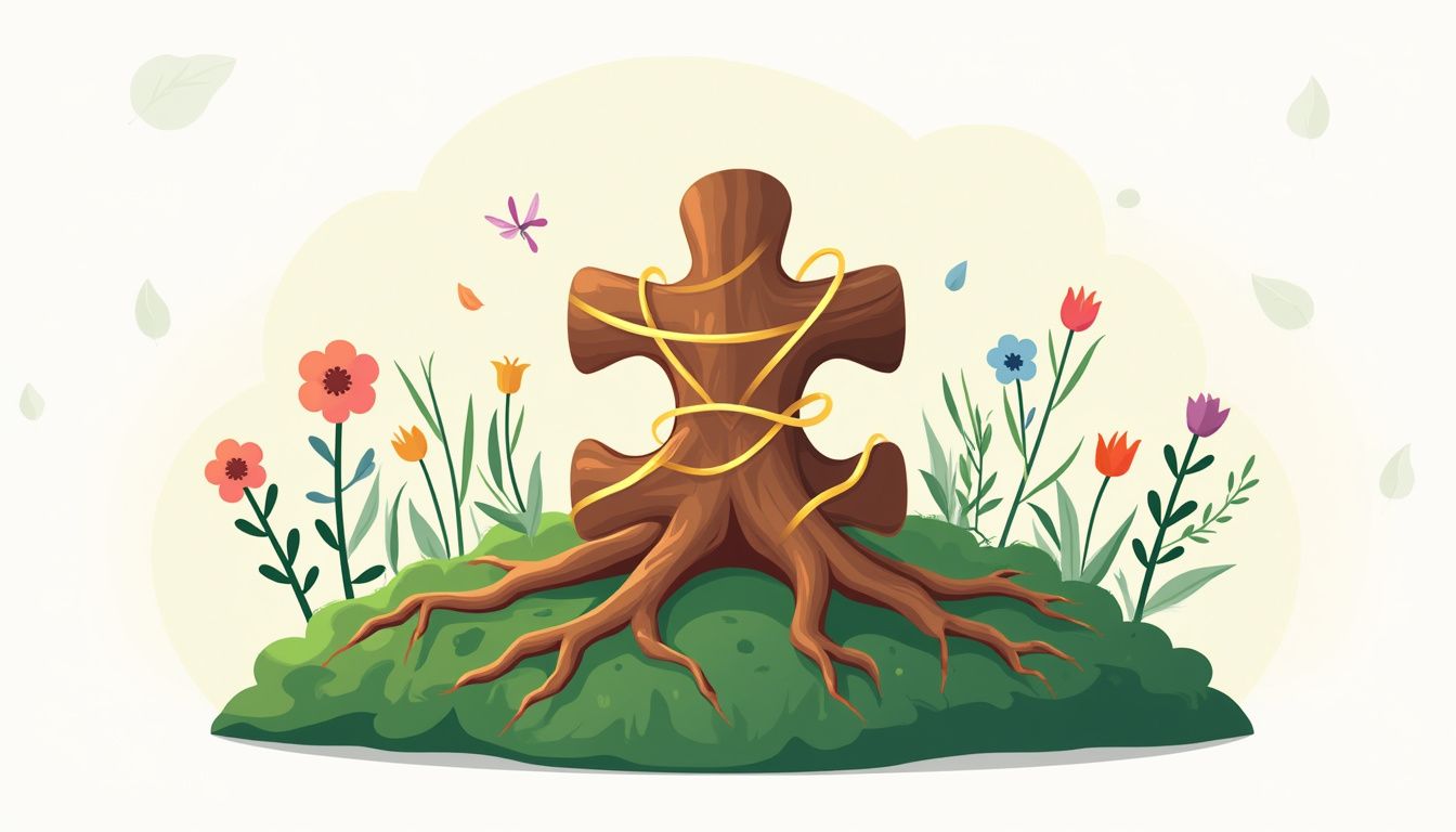 Vectorillustratie van een houten puzzel op mos met kleurrijke bloemen.