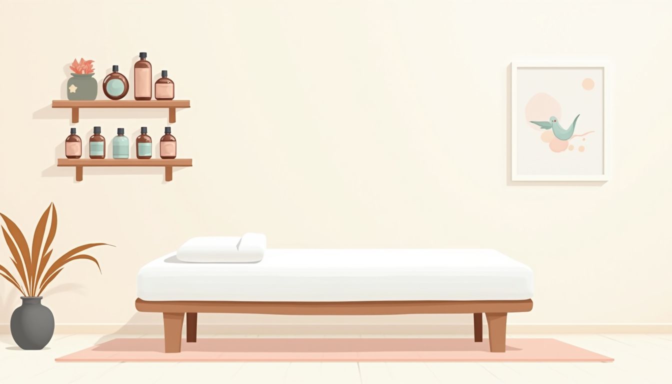 Minimalistische kamer met een massagetafel en essenti&euml;le olie flessen.