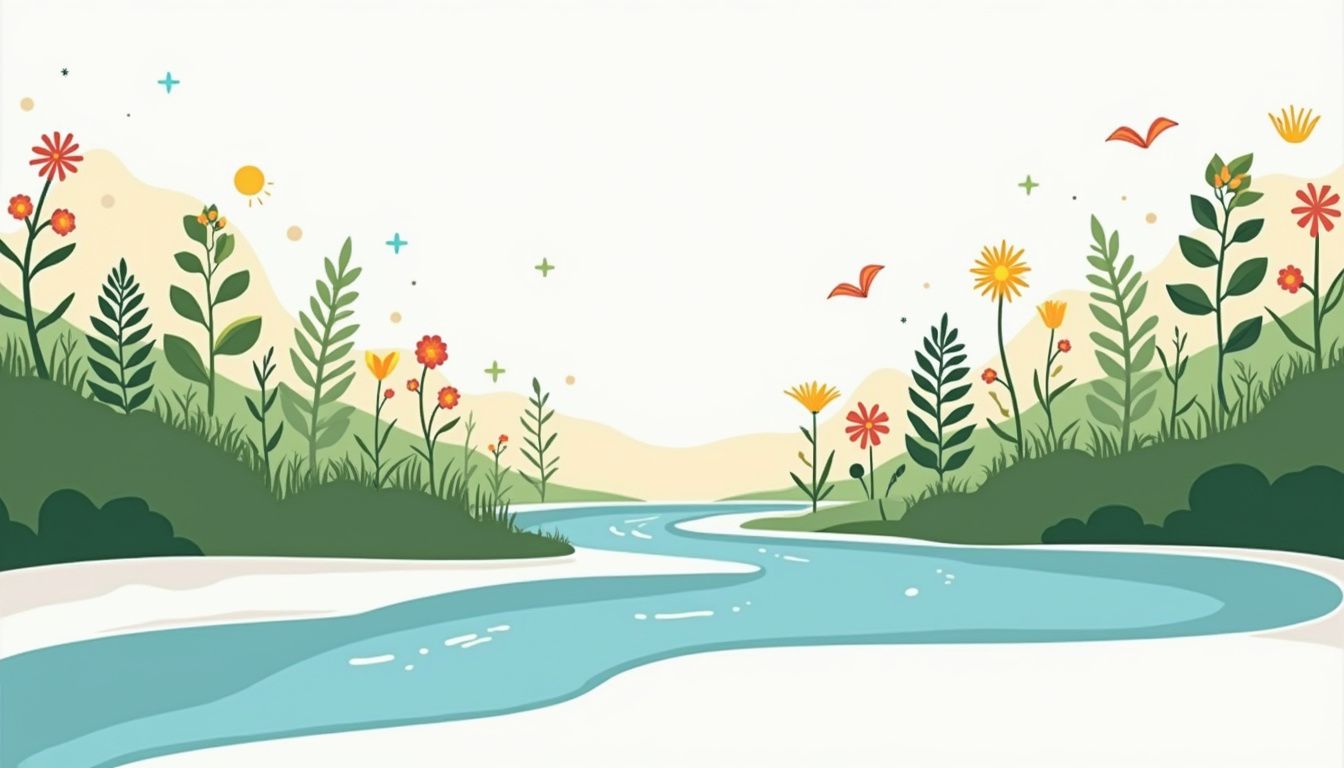 Minimalistische vectorillustratie van een rustige natuur scène met een rivier. Minimalistische vectorillustratie van een rustige natuur scène met een rivier.