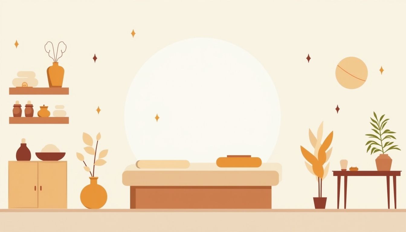 Minimalistische illustratie van een ontspannende massage studio-interieur.