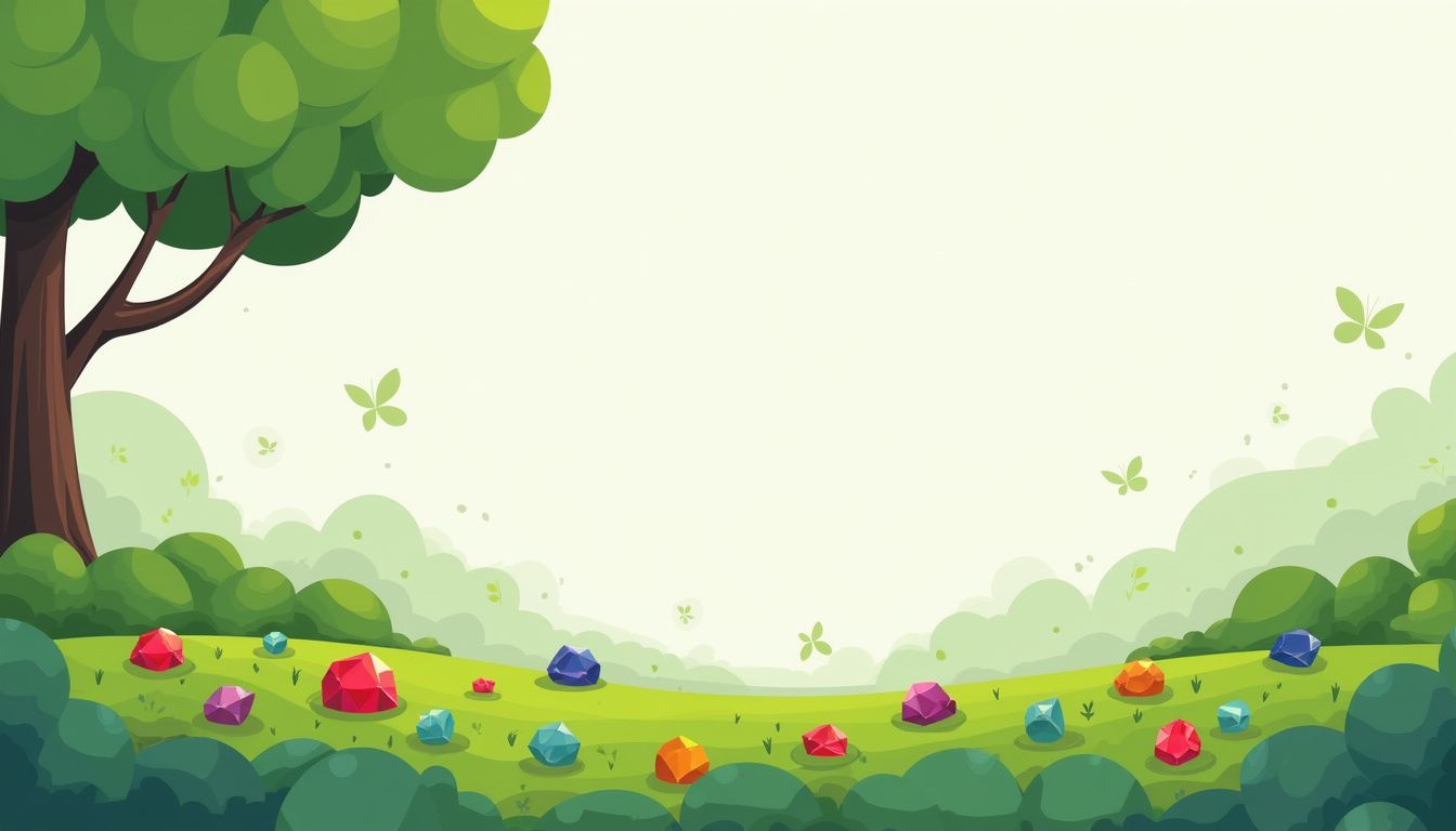 Minimalistische vectorillustratie van een rustige boslandschap met kleurrijke edelstenen.